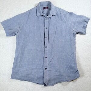 UNTUCKit Mens Large Slim Fit Linen  Short Sleeve Button Down Shirt Blue Stripe